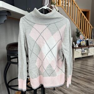 Croft & Barrow Pink and Gray Argyle Turtleneck Sweater